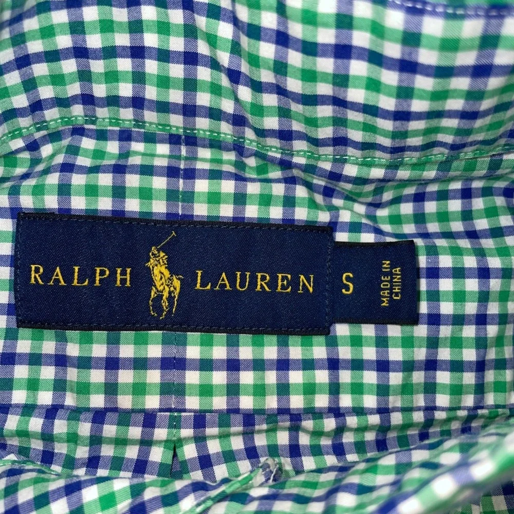 Polo Ralph Lauren Mens Gingham Button Down Shirt Green Navy Blue Small RN41381